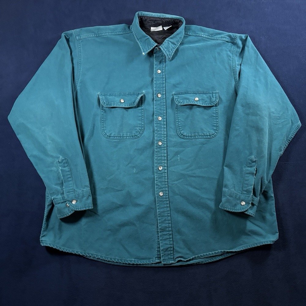 Vintage 90s Field & Stream Canvas Shirt Jacket Teal 3XL Tall Workwear Outdoors